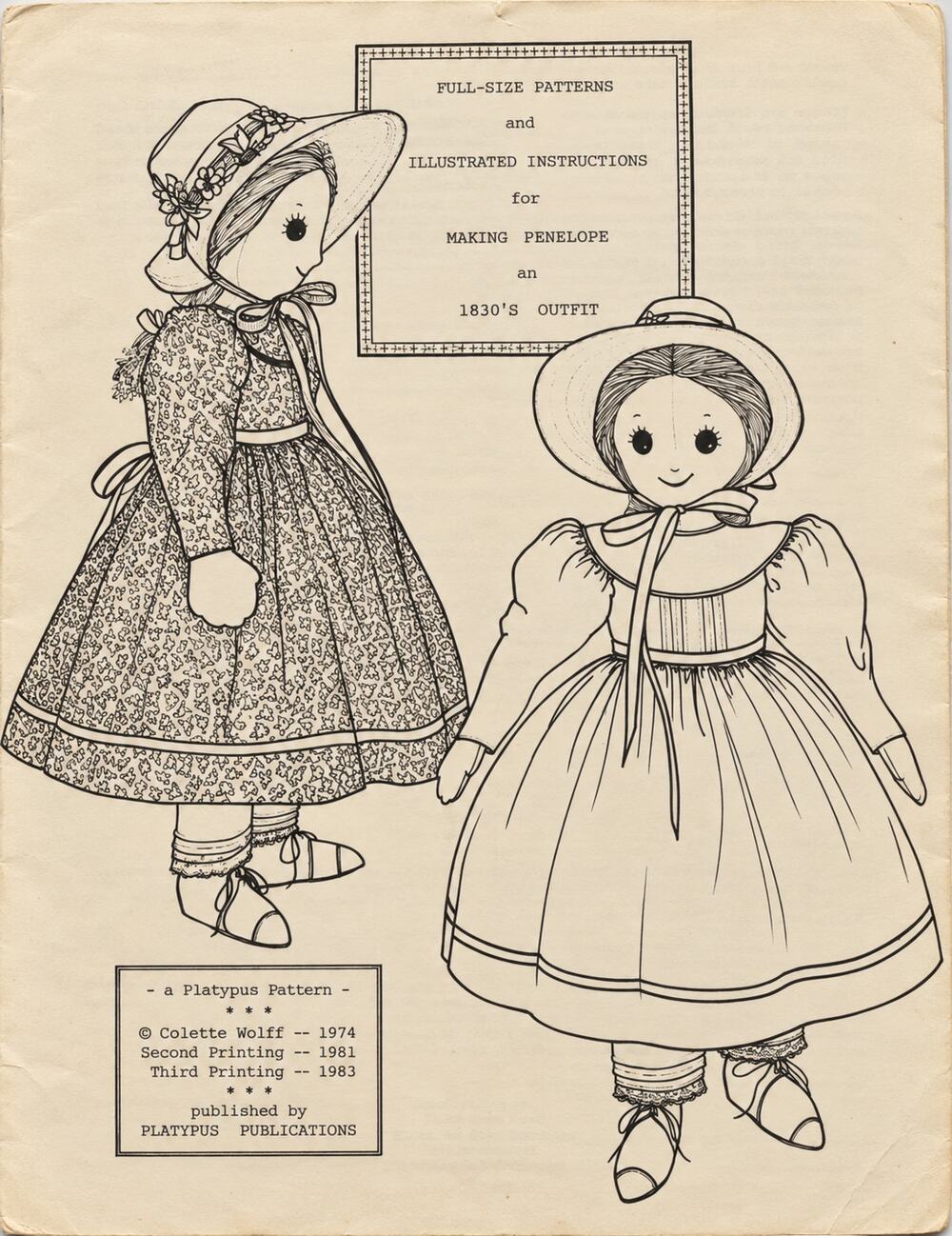 Vintage Platypus Pattern 1830's PENELOPE Doll Outfit Bonnett Colette Wolf Sewing